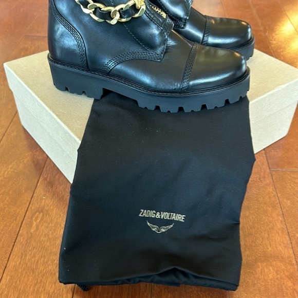Zadig & Voltaire Joe Cecilia leather combat moto boots with gold chain US size 5 - Picture 9 of 17